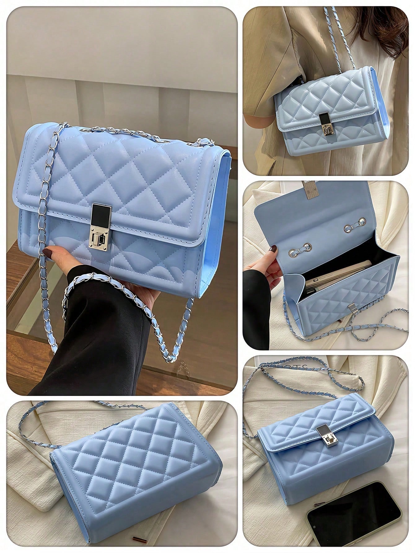 Chain Crossbody Quilted - Fashionable Solid Color Quilted Square Chain